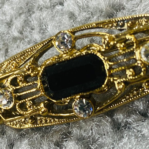 Art Deco Pin Brooch Gold Tone Faux Black Onyx Clear Rhinestone Vintage Jewelry - Picture 11 of 16